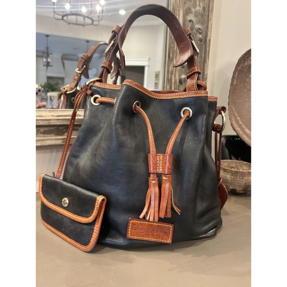 Dooney & Bourke Handbags - Dooney & Bourke All Weather Drawstring Bucket Bag Black/Tan Vintage AWL w/ Pouch